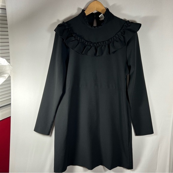 Black Ruffle Mock Neck Long Sleeve Mini Dress - Picture 3 of 15
